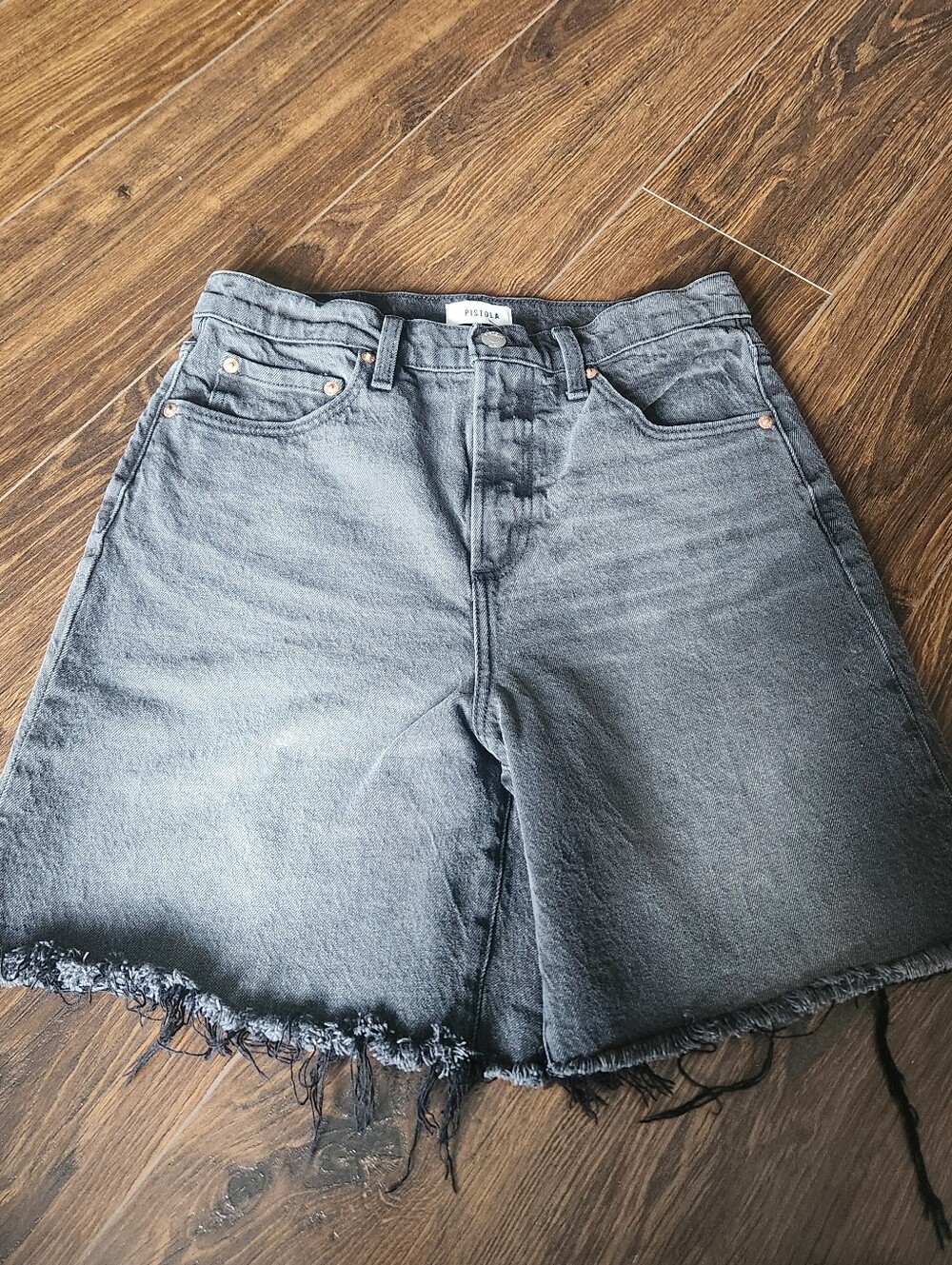 Pistola Nolan Washed Black High-Rise Frayed Denim Jorts/Bermuda
